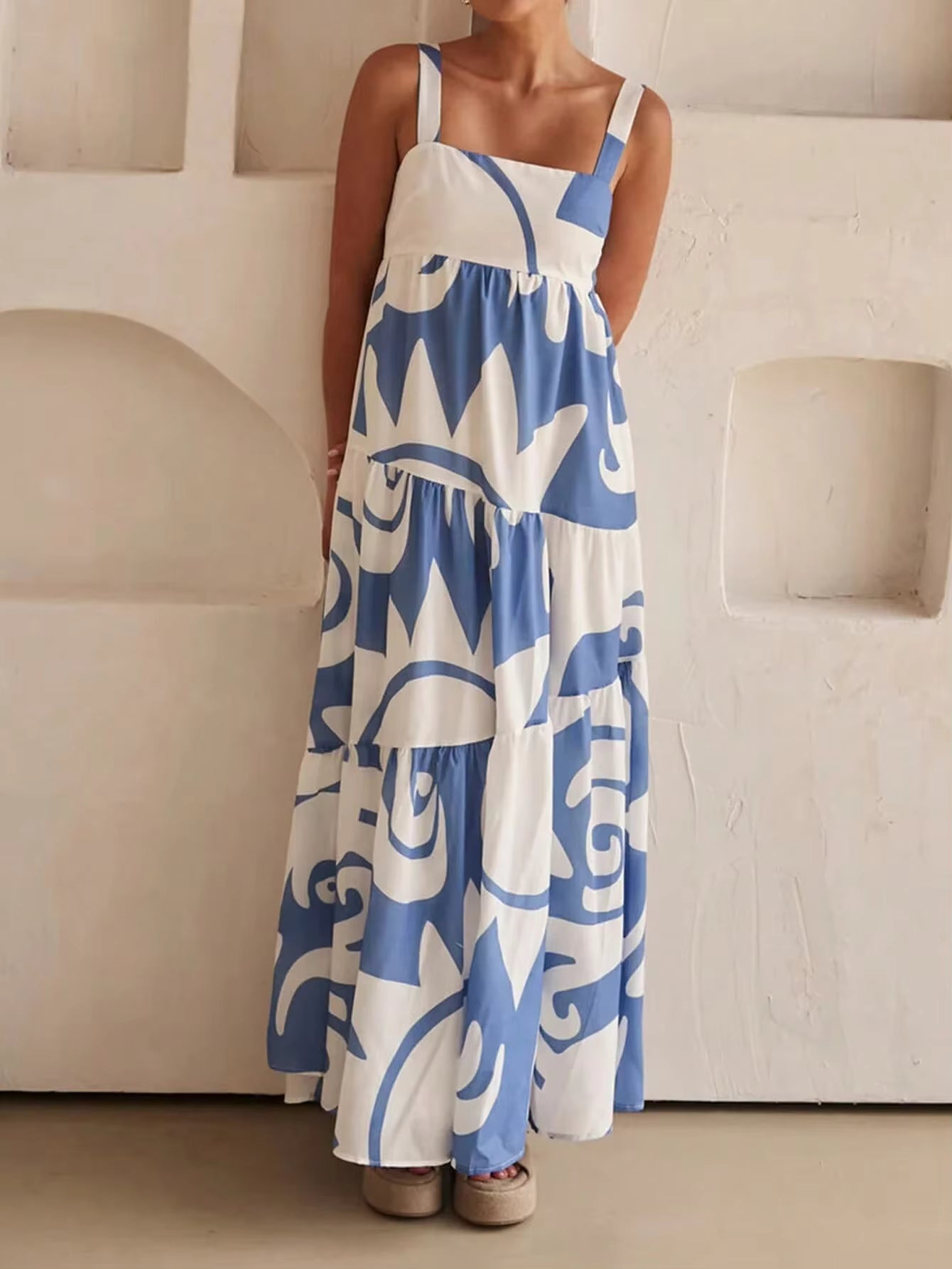Casual Spaghetti Strap Printed Slip Ankle Length Loose Maxi Dress