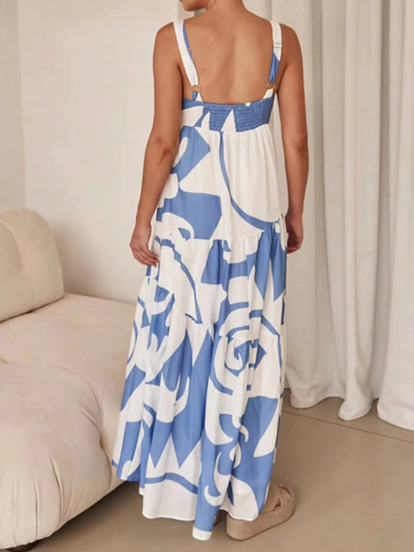 Casual Spaghetti Strap Printed Slip Ankle Length Loose Maxi Dress