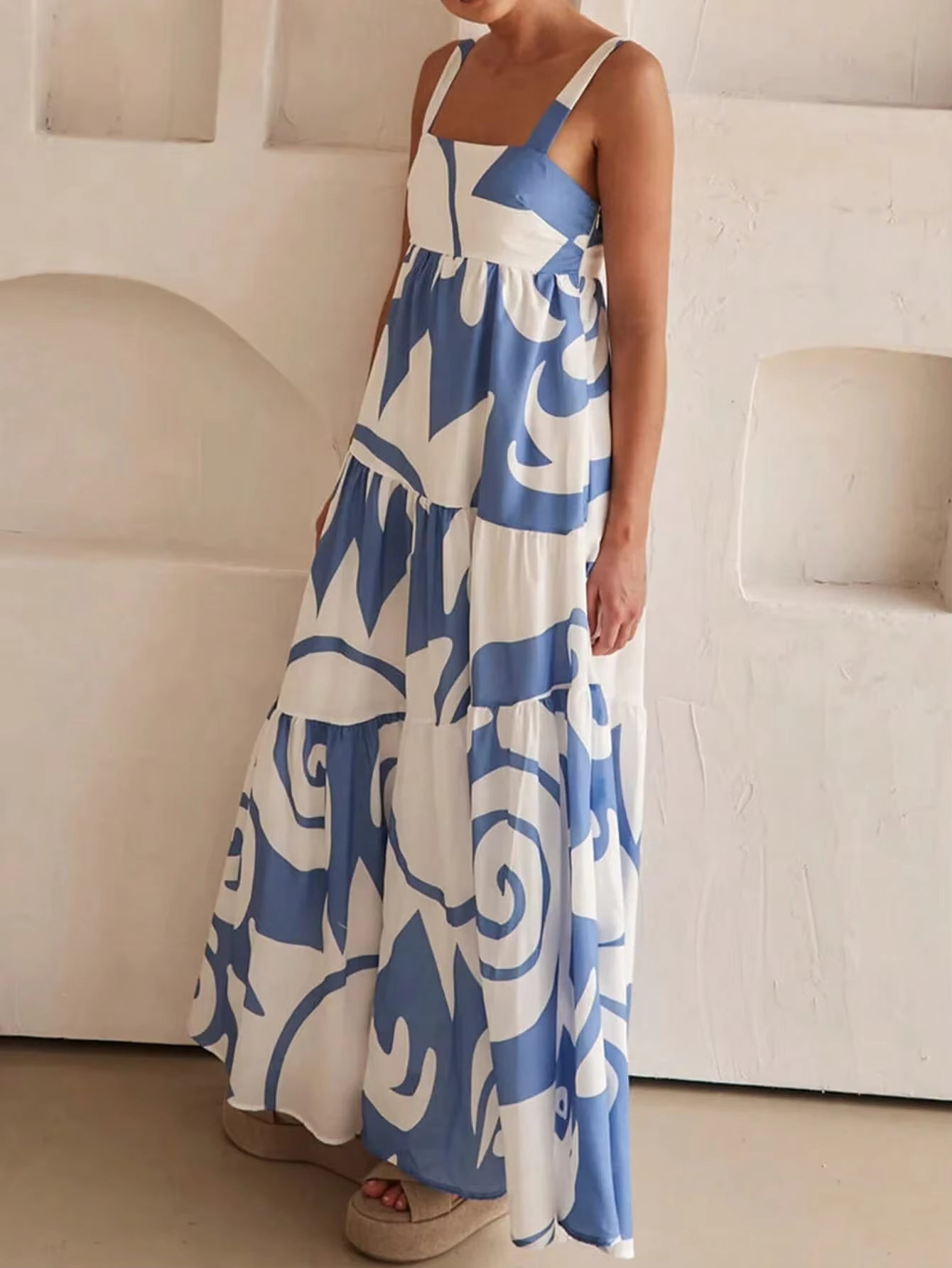 Casual Spaghetti Strap Printed Slip Ankle Length Loose Maxi Dress