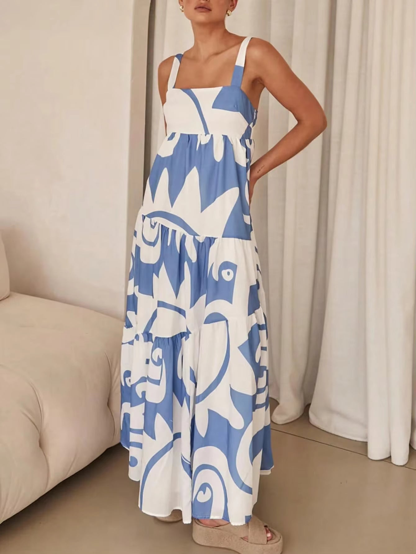 Casual Spaghetti Strap Printed Slip Ankle Length Loose Maxi Dress