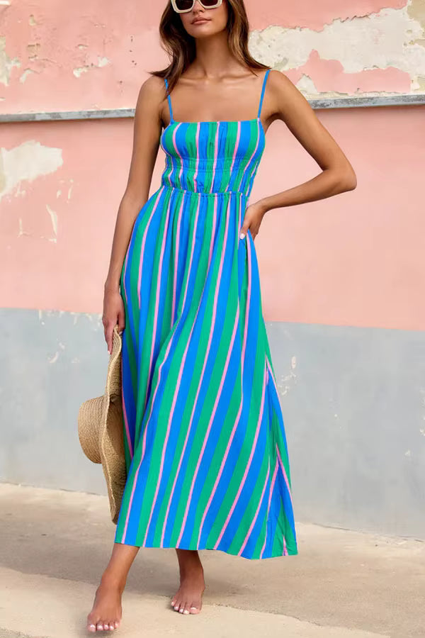 Casual Spaghetti Strap Printing Stripe Long A-line Beach Style Maxi Dress