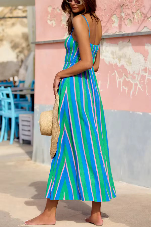 Casual Spaghetti Strap Printing Stripe Long A-line Beach Style Maxi Dress