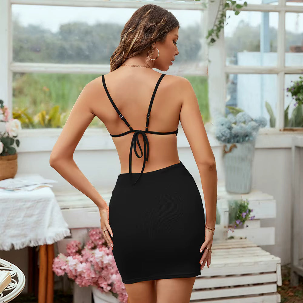 Casual Spaghetti Strap Pullover Kink Hollow Waist Bag Buttock Mini Dress
