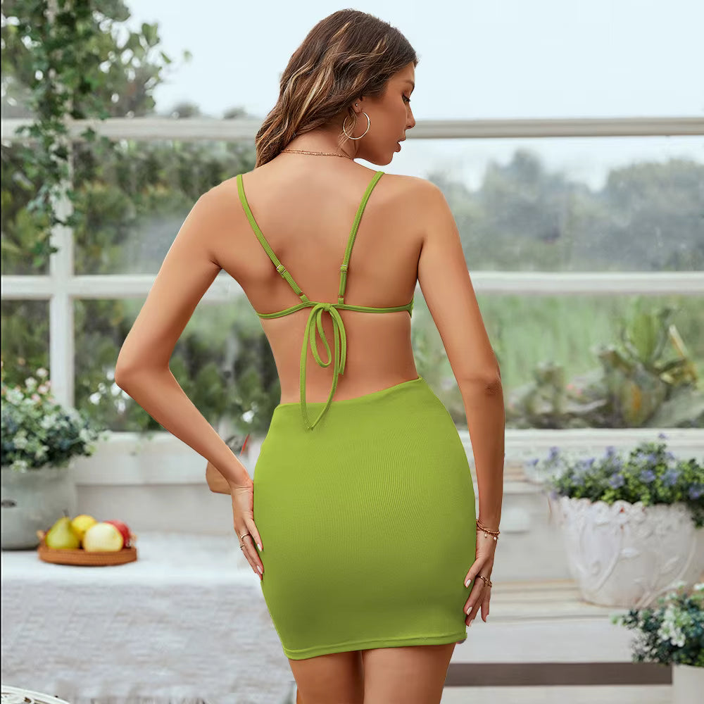 Casual Spaghetti Strap Pullover Kink Hollow Waist Bag Buttock Mini Dress