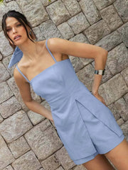 Casual Spaghetti Strap Side Slit Zipper Open Back Tops Simple Shorts Set