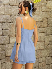 Casual Spaghetti Strap Side Slit Zipper Open Back Tops Simple Shorts Set