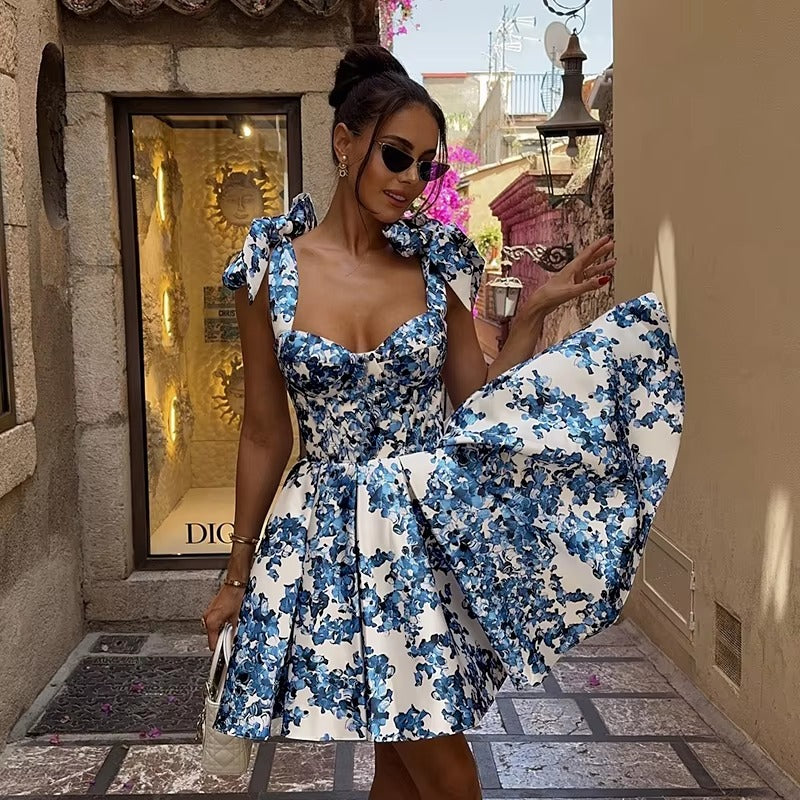 Casual Spaghetti Strap Slim Fit Printed Lace Up Mini Dress