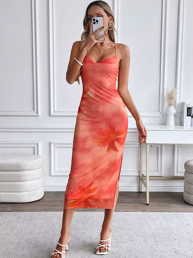 Elegant Spaghetti Strap Slim Printed Sling Backless Maxi Dress Streetwear