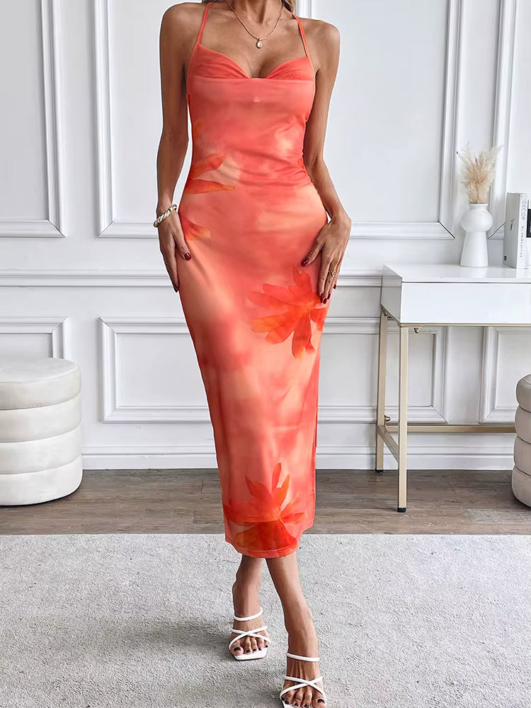 Elegant Spaghetti Strap Slim Printed Sling Backless Maxi Dress Streetwear