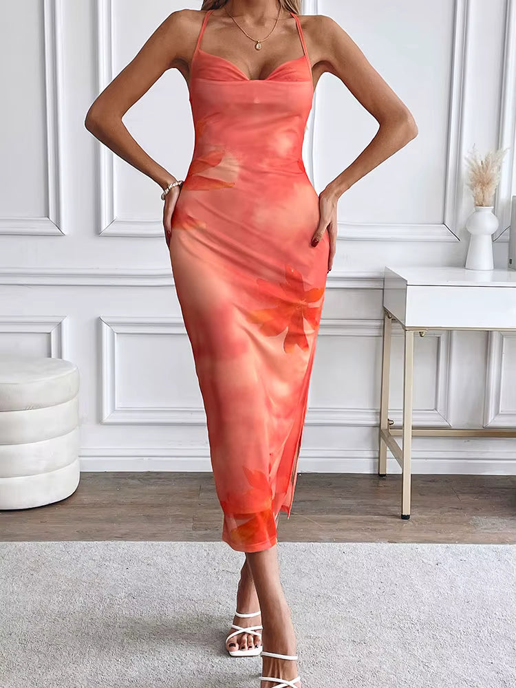 Elegant Spaghetti Strap Slim Printed Sling Backless Maxi Dress Streetwear