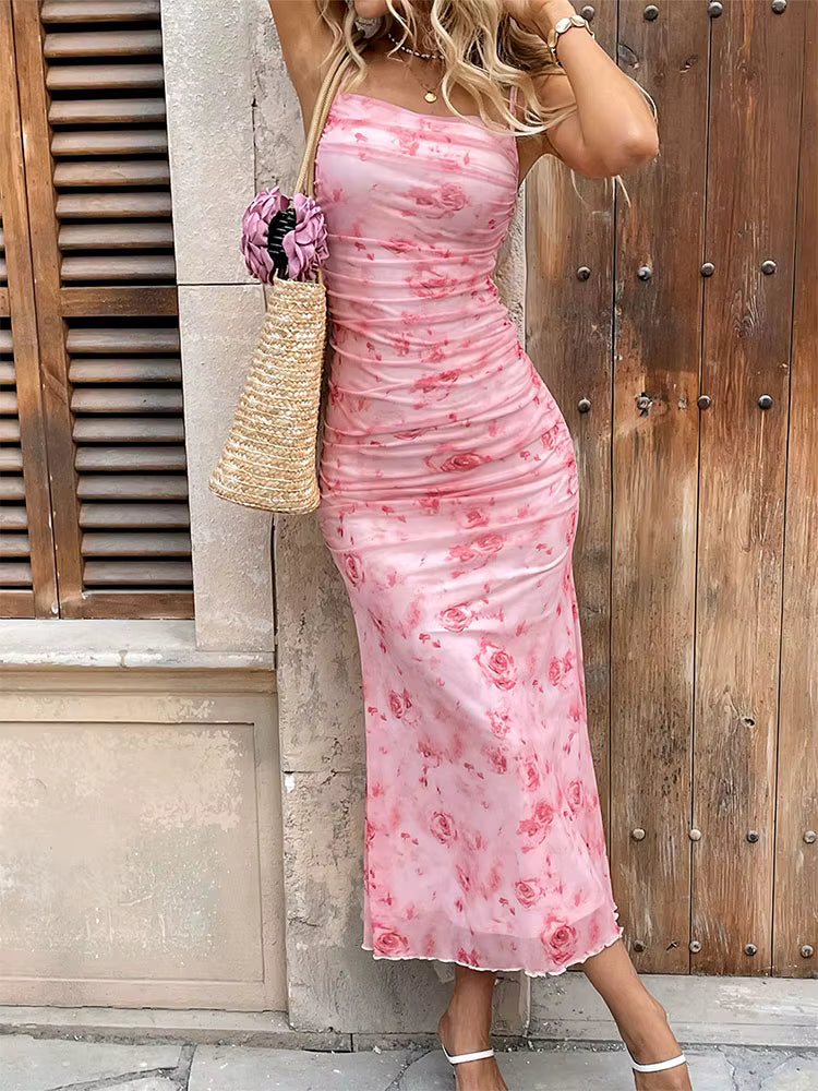 Casual Spaghetti Strap Sling Knitted Mesh Slim Print Ankle-Length Midi Dress