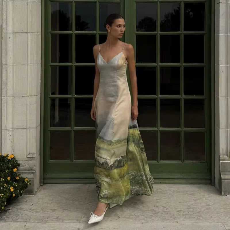 Casual Spaghetti Strap Tie Dye V-neck Sleeveless Backless A-line Long Maxi Dress