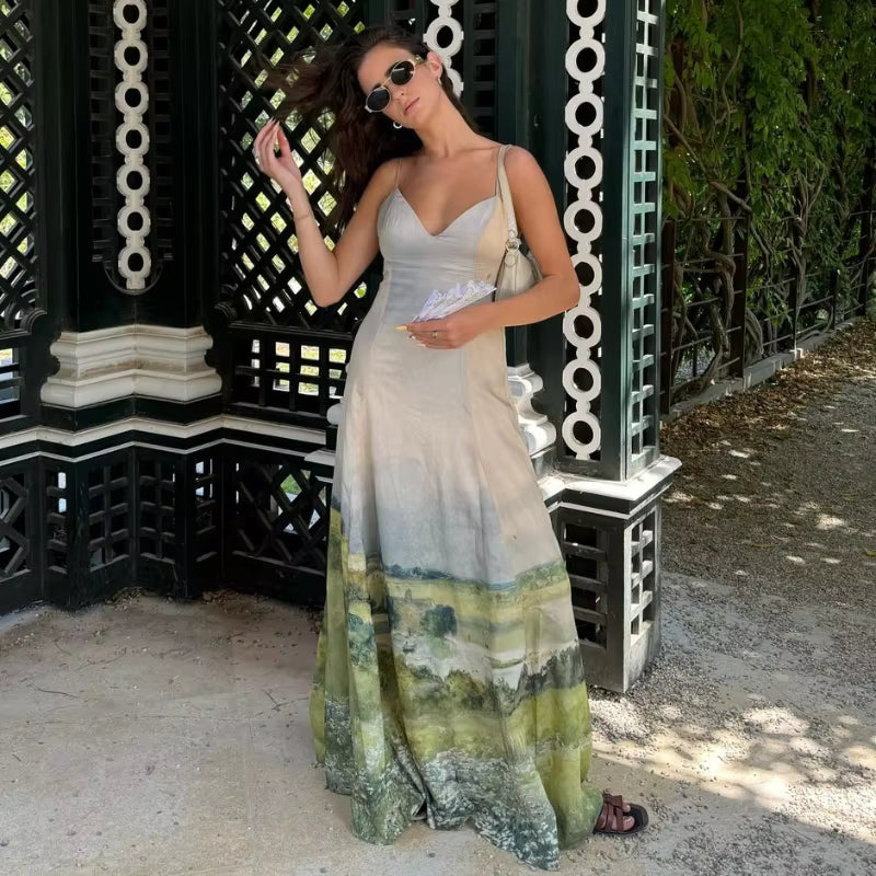 Casual Spaghetti Strap Tie Dye V-neck Sleeveless Backless A-line Long Maxi Dress