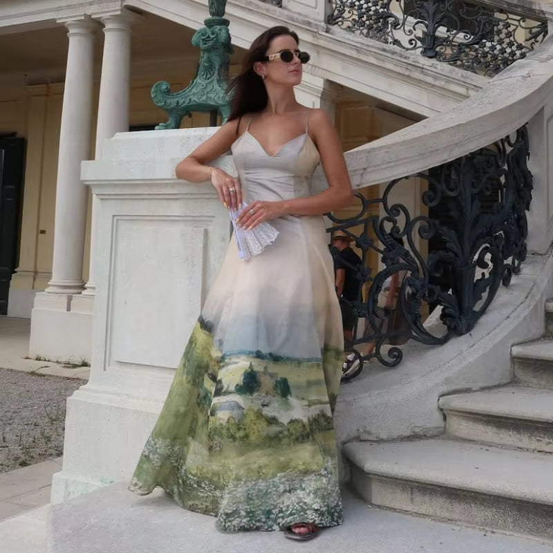 Casual Spaghetti Strap Tie Dye V-neck Sleeveless Backless A-line Long Maxi Dress
