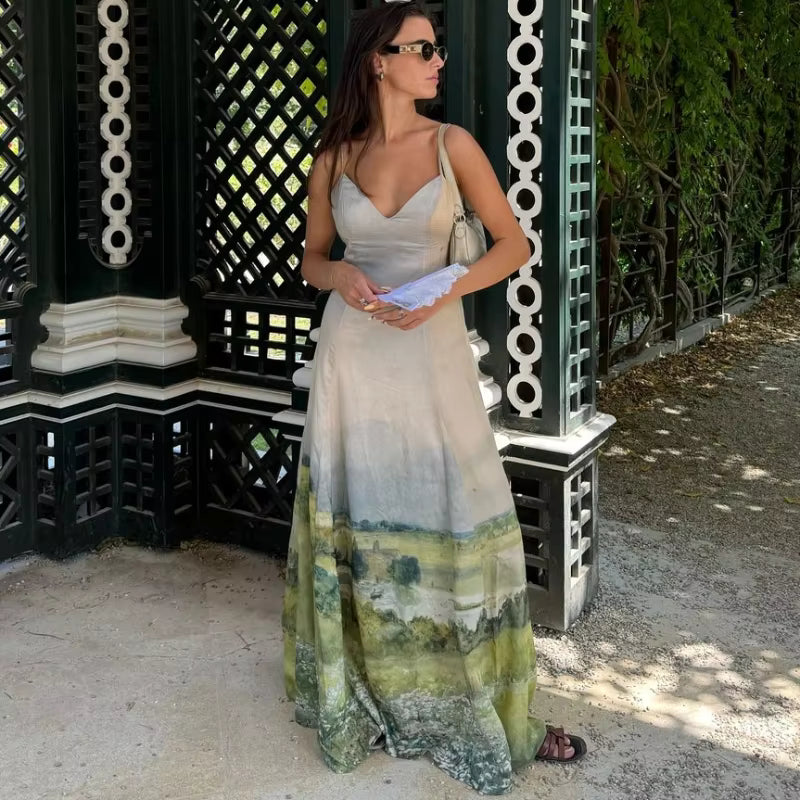 Casual Spaghetti Strap Tie Dye V-neck Sleeveless Backless A-line Long Maxi Dress