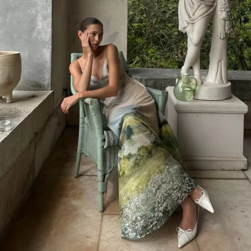 Casual Spaghetti Strap Tie Dye V-neck Sleeveless Backless A-line Long Maxi Dress