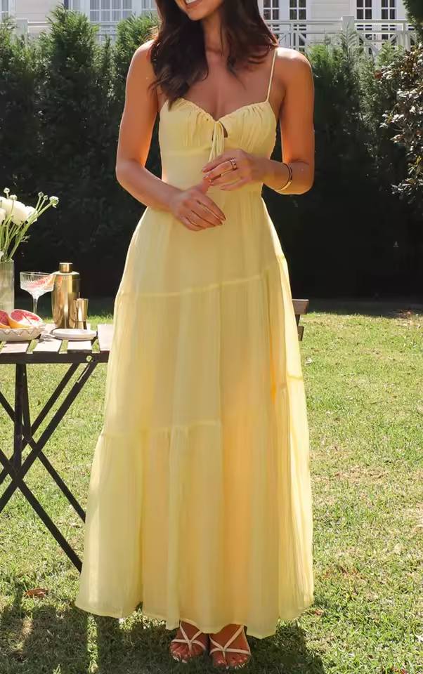 Casual Spaghetti Straps Front Bow Tied Stylish Smocked Sleeveless A-Line Maxi Dress