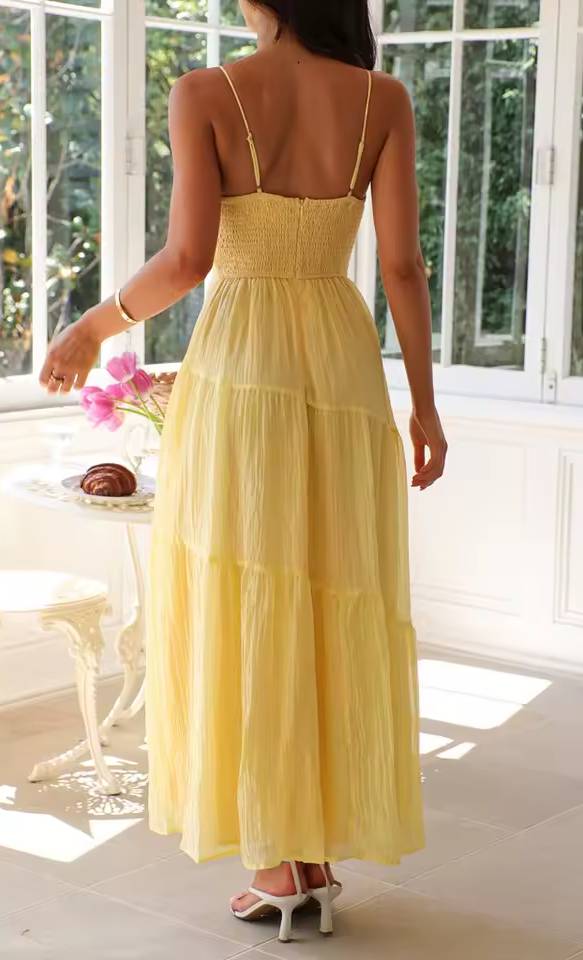 Casual Spaghetti Straps Front Bow Tied Stylish Smocked Sleeveless A-Line Maxi Dress