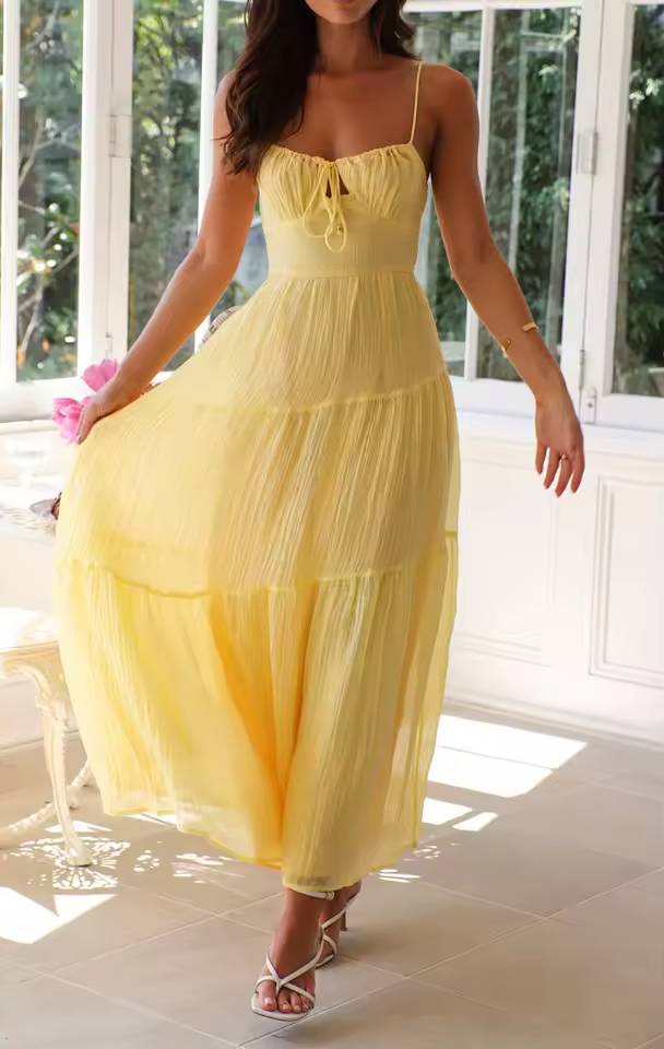 Casual Spaghetti Straps Front Bow Tied Stylish Smocked Sleeveless A-Line Maxi Dress