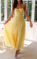 Casual Spaghetti Straps Front Bow Tied Stylish Smocked Sleeveless A-Line Maxi Dress