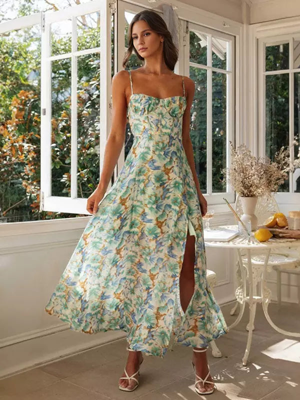 Casual Floral Print Spaghetti Straps High Slit Backless Corset Maxi Dress