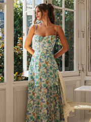 Casual Floral Print Spaghetti Straps High Slit Backless Corset Maxi Dress