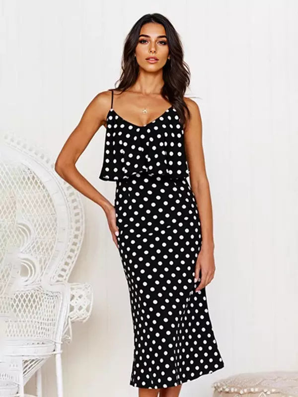 Casual Spaghetti Straps Layered Printed Sleeveless Midi Dress
