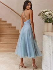 Casual Spaghetti Straps Shirred Lace-up Tulle Skirt Midi Dress