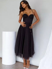 Casual Spaghetti Straps Shirred Lace-up Tulle Skirt Midi Dress