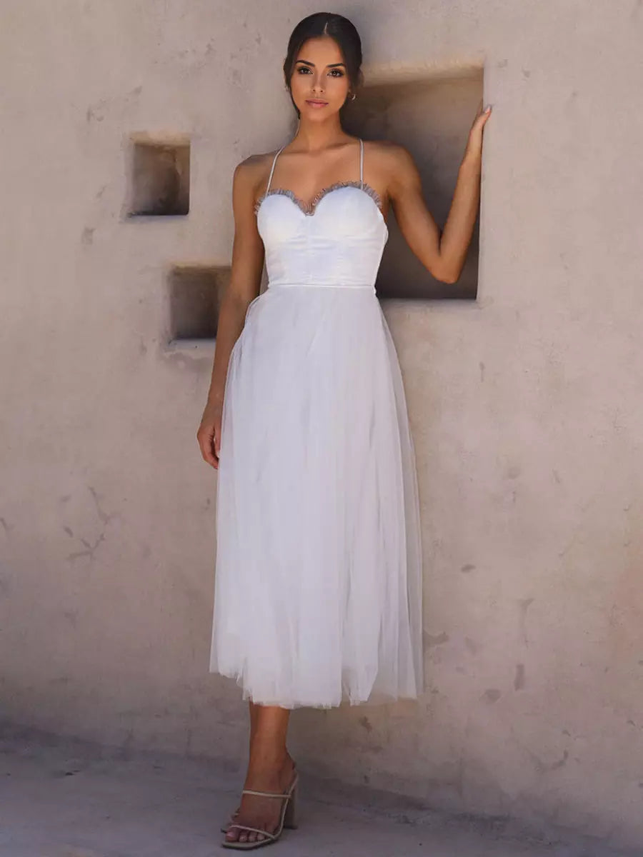 Casual Spaghetti Straps Shirred Lace-up Tulle Skirt Midi Dress