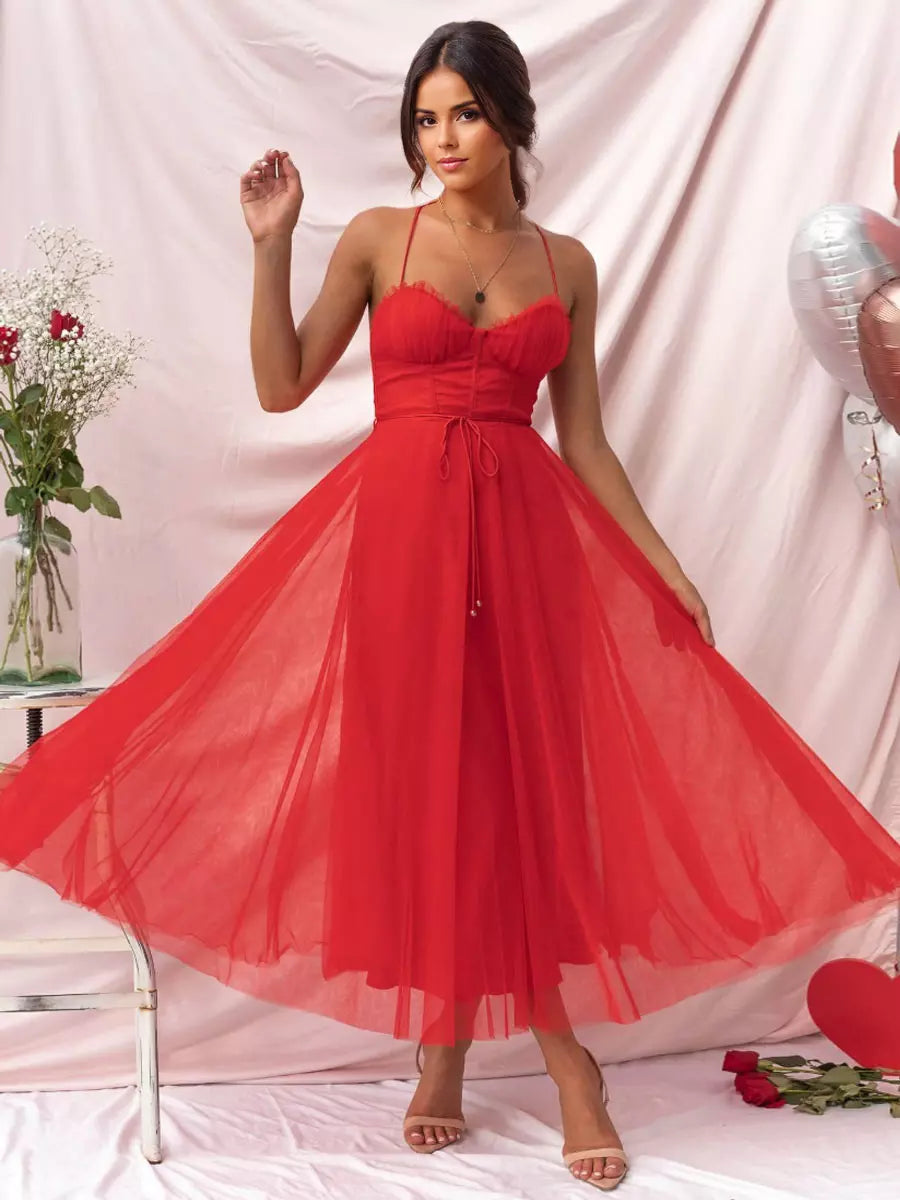 Casual Spaghetti Straps Shirred Lace-up Tulle Skirt Midi Dress