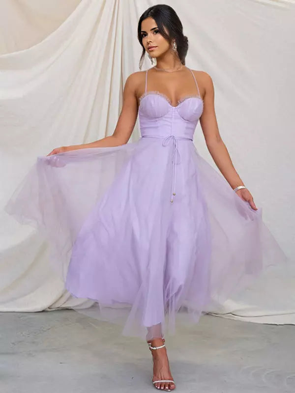 Casual Spaghetti Straps Shirred Lace-up Tulle Skirt Midi Dress