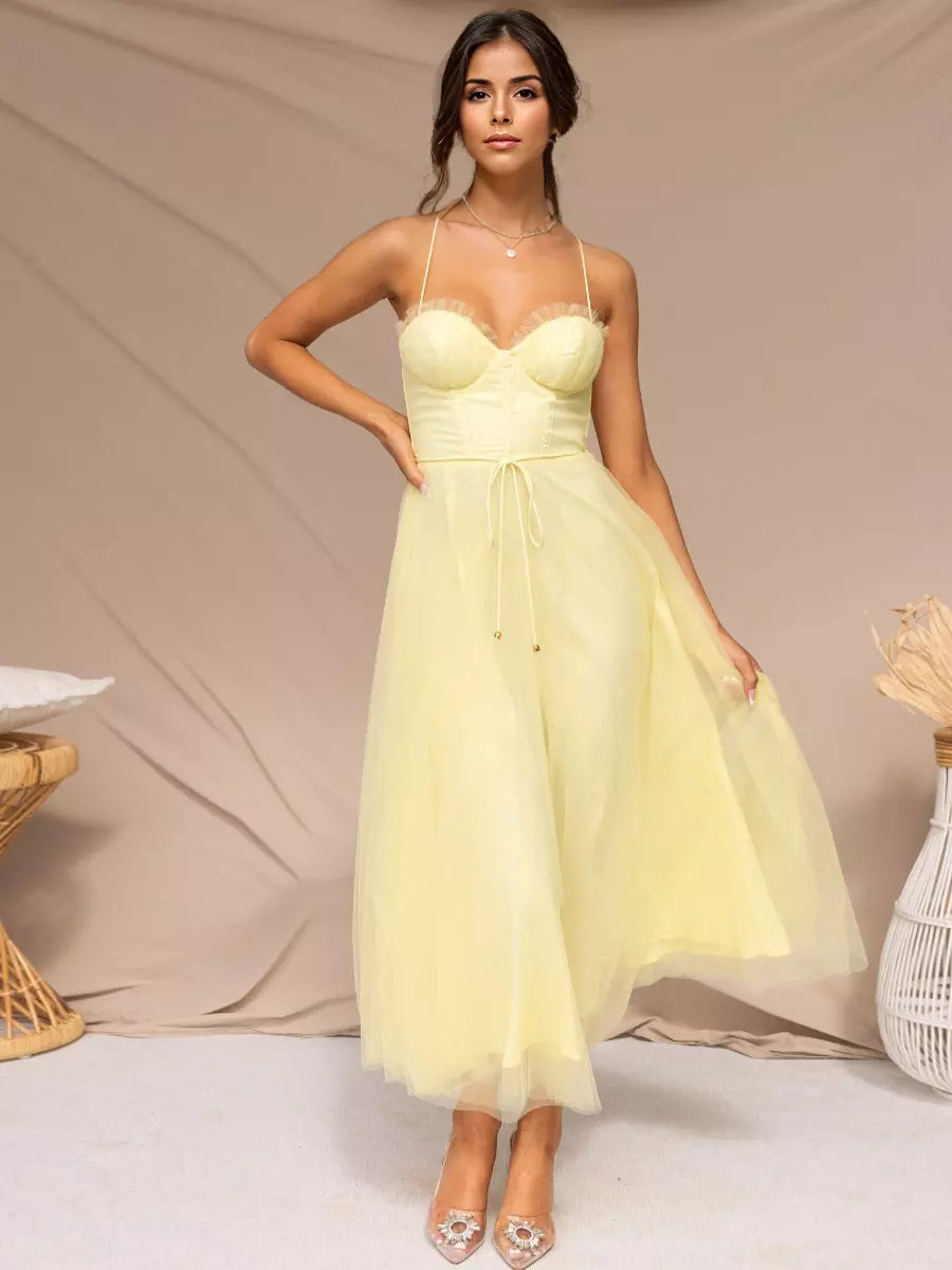 Casual Spaghetti Straps Shirred Lace-up Tulle Skirt Midi Dress
