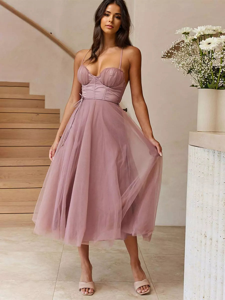 Casual Spaghetti Straps Shirred Lace-up Tulle Skirt Midi Dress