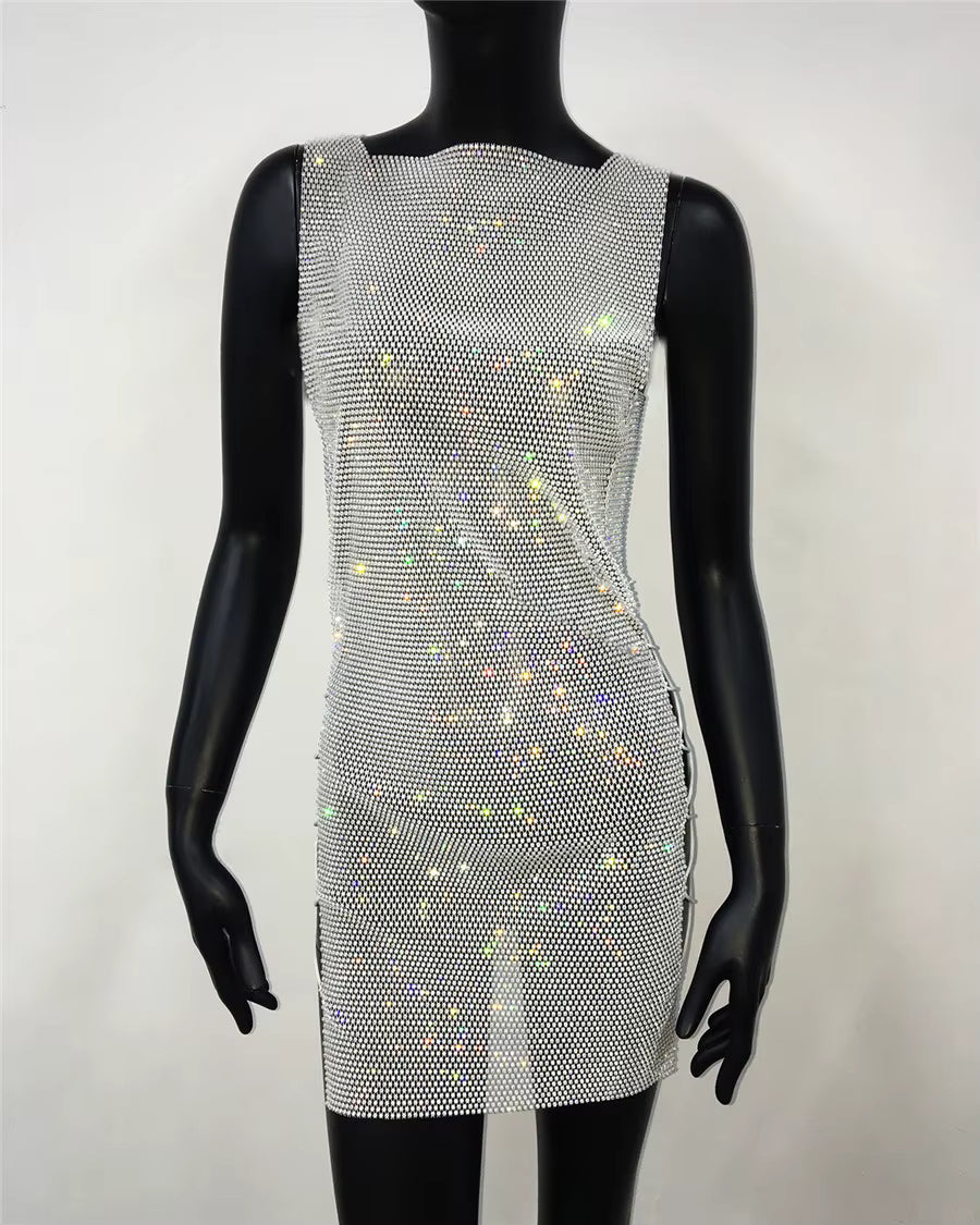 Casual Sparkly Diamonds See Through Hollow Out Side Split Mesh Mini Dress