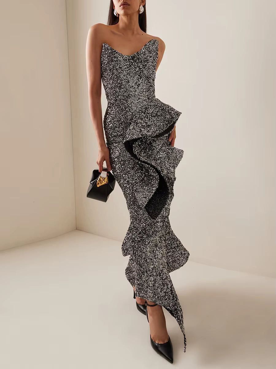 Casual Spliced Ruffles Strapless Sleeveless High Waist Temperament Dress