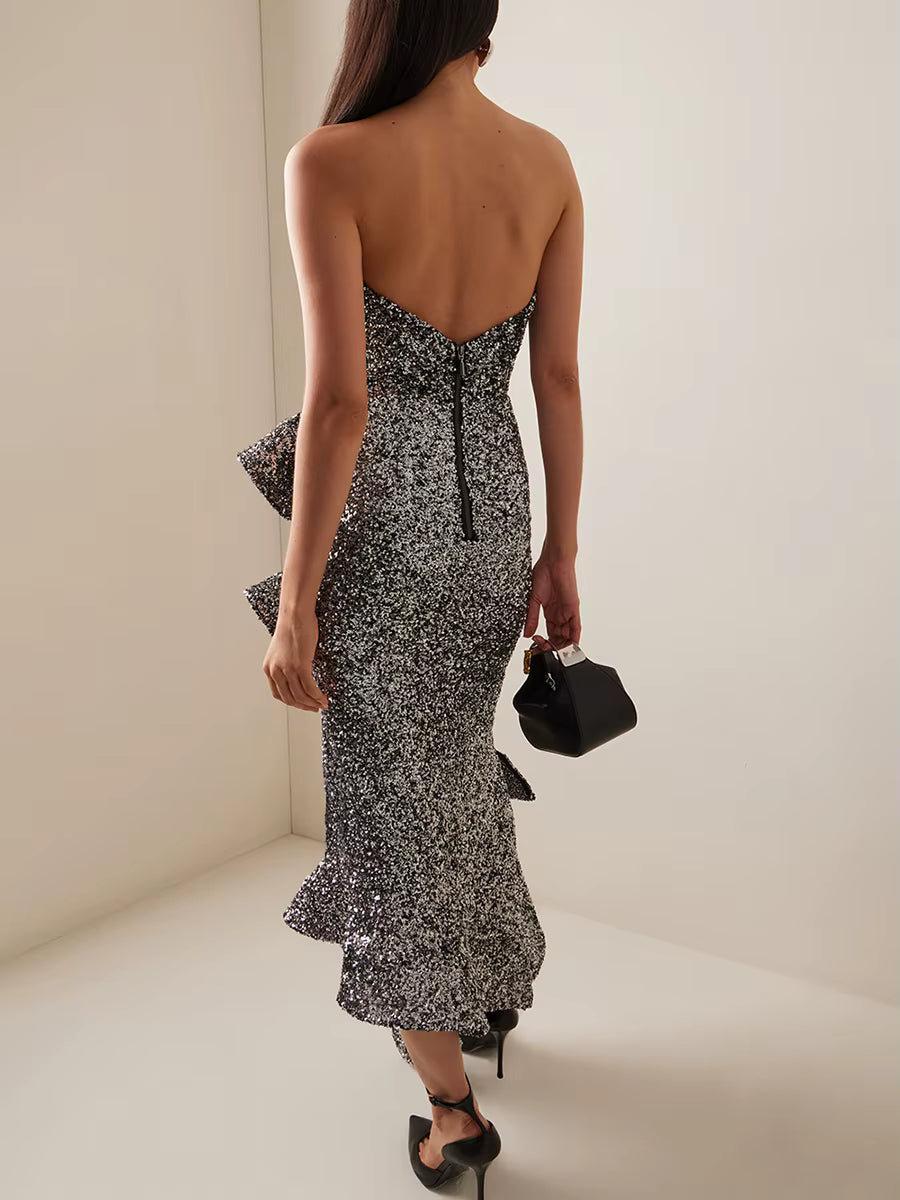 Casual Spliced Ruffles Strapless Sleeveless High Waist Temperament Dress