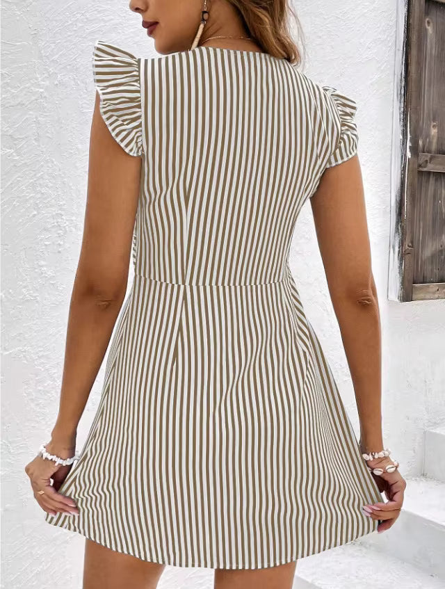 Casual Splicing Stripe Printing Single-breasted Fly-Sleeve Shirt Dresses