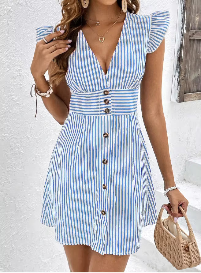 Casual Splicing Stripe Printing Single-breasted Fly-Sleeve Shirt Dresses