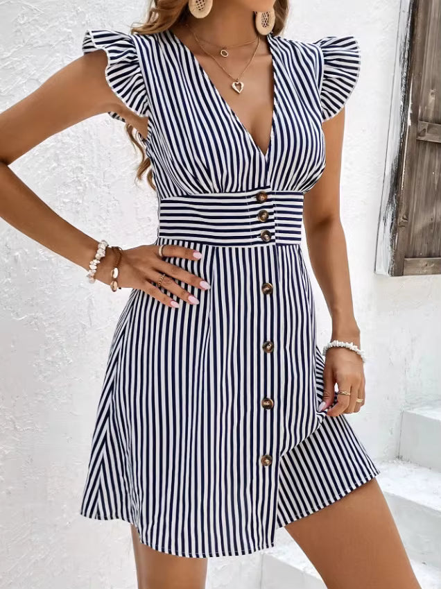 Casual Splicing Stripe Printing Single-breasted Fly-Sleeve Shirt Dresses