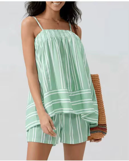 Casual Splicing Striped Strap Loose Top And Shorts Two Piece Set