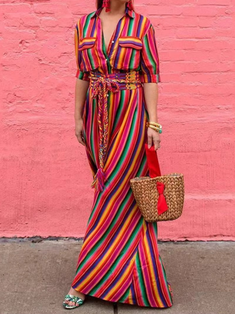 Casual Split-joint Buttons Bohemia Vintage Loose Beach Vacation Striped Long Maxi Dress