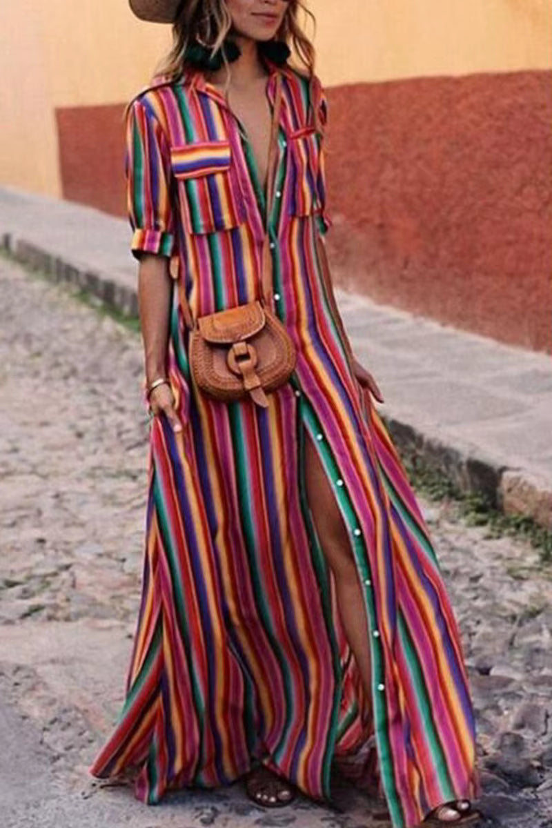 Casual Split-joint Buttons Bohemia Vintage Loose Beach Vacation Striped Long Maxi Dress