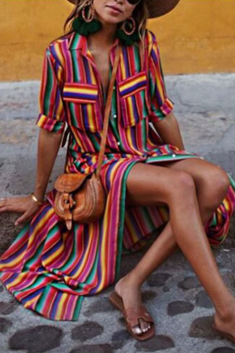 Casual Split-joint Buttons Bohemia Vintage Loose Beach Vacation Striped Long Maxi Dress