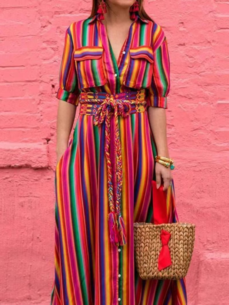 Casual Split-joint Buttons Bohemia Vintage Loose Beach Vacation Striped Long Maxi Dress