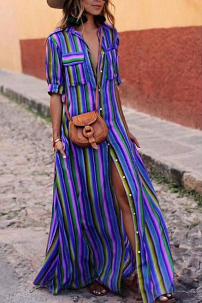 Casual Split-joint Buttons Bohemia Vintage Loose Beach Vacation Striped Long Maxi Dress