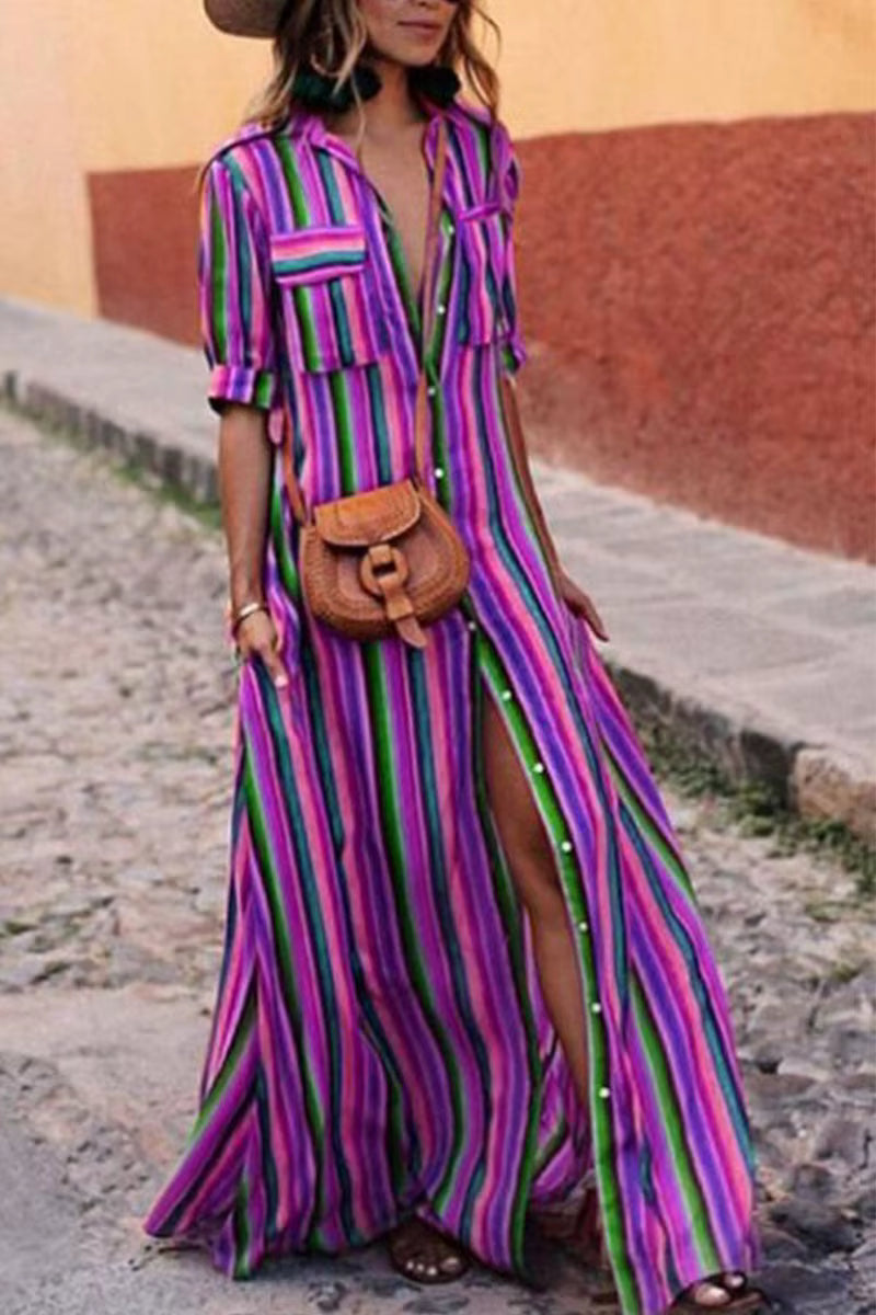 Casual Split-joint Buttons Bohemia Vintage Loose Beach Vacation Striped Long Maxi Dress