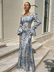 Casual Square Collar Long Sleeve Bodycon Slim Print Maxi Dress