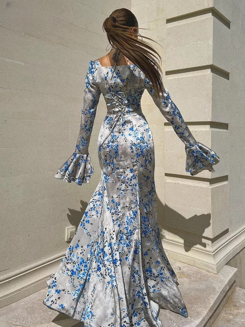 Casual Square Collar Long Sleeve Bodycon Slim Print Maxi Dress