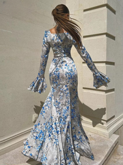 Casual Square Collar Long Sleeve Bodycon Slim Print Maxi Dress
